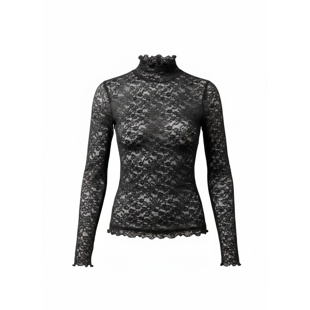 Out From Under Mock Neck Top Womens XS Black Sheer Floral Lace Long Sleeve